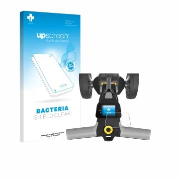 Parte frontal de un envase de producto con el logotipo de la marca upscreen. Al lado se muestra el dispositivo PowaKaddy CT6 G