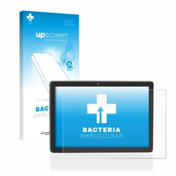 Parte frontal de un envase de producto con el logotipo de la marca upscreen. Al lado se muestra el dispositivo Majestic Tab-91