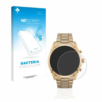Parte frontal de un envase de producto con el logotipo de la marca upscreen. Al lado se muestra el dispositivo Michael Kors Ac