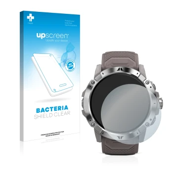 Parte frontal de un envase de producto con el logotipo de la marca upscreen. Al lado se muestra el dispositivo Coros Vertix 2 