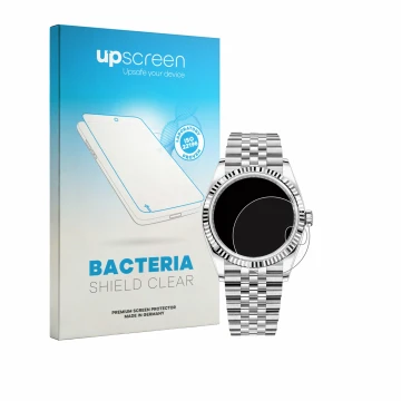 Parte frontal de un envase de producto con el logotipo de la marca upscreen. Al lado se muestra el dispositivo Rolex Datejust 