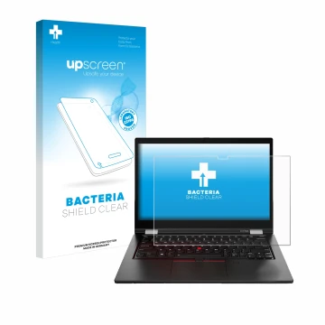 Parte frontal de un envase de producto con el logotipo de la marca upscreen. Al lado se muestra el dispositivo Lenovo ThinkPad