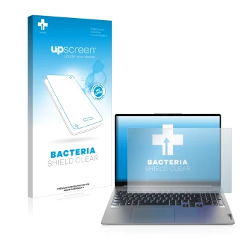 Parte frontal de un envase de producto con el logotipo de la marca upscreen. Al lado se muestra el dispositivo Lenovo IdeaPad 