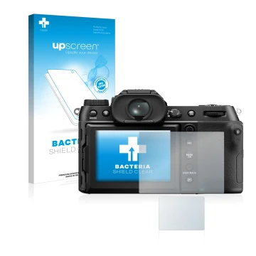 Parte frontal de un envase de producto con el logotipo de la marca upscreen. Al lado se muestra el dispositivo Fujifilm GFX50S