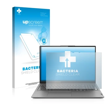 Parte frontal de un envase de producto con el logotipo de la marca upscreen. Al lado se muestra el dispositivo Lenovo Yoga Sli