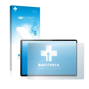 Parte frontal de un envase de producto con el logotipo de la marca upscreen. Al lado se muestra el dispositivo Lenovo Tab P12 