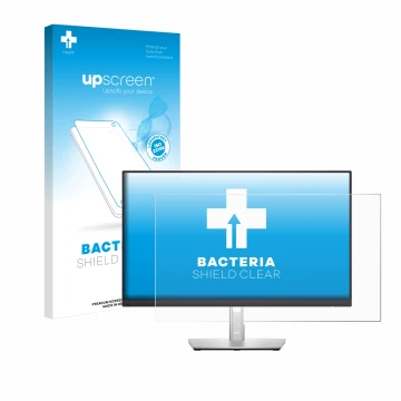 Parte frontal de un envase de producto con el logotipo de la marca upscreen. Al lado se muestra el dispositivo Dell P2422H con