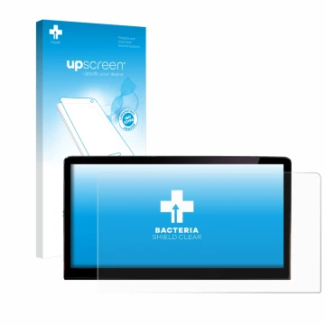 Parte frontal de un envase de producto con el logotipo de la marca upscreen. Al lado se muestra el dispositivo Skoda Enyaq iV 