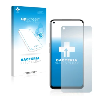 Parte frontal de un envase de producto con el logotipo de la marca upscreen. Al lado se muestra el dispositivo realme 8i con s