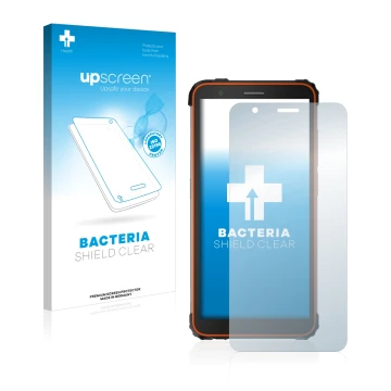 Parte frontal de un envase de producto con el logotipo de la marca upscreen. Al lado se muestra el dispositivo Blackview BV660