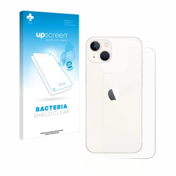 Parte frontal de un envase de producto con el logotipo de la marca upscreen. Al lado se muestra el dispositivo Apple iPhone 13