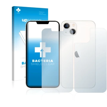 Parte frontal de un envase de producto con el logotipo de la marca upscreen. Al lado se muestra el dispositivo Apple iPhone 13
