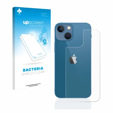 Parte frontal de un envase de producto con el logotipo de la marca upscreen. Al lado se muestra el dispositivo Apple iPhone 13