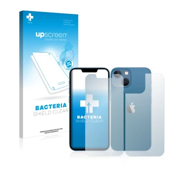 Parte frontal de un envase de producto con el logotipo de la marca upscreen. Al lado se muestra el dispositivo Apple iPhone 13