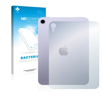 Parte frontal de un envase de producto con el logotipo de la marca upscreen. Al lado se muestra el dispositivo Apple iPad Mini