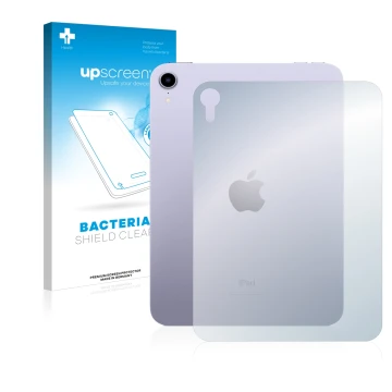 Parte frontal de un envase de producto con el logotipo de la marca upscreen. Al lado se muestra el dispositivo Apple iPad Mini