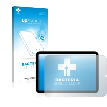 Parte frontal de un envase de producto con el logotipo de la marca upscreen. Al lado se muestra el dispositivo Apple iPad Mini