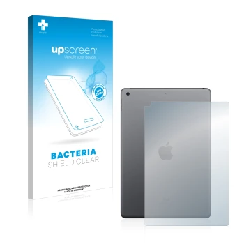 Parte frontal de un envase de producto con el logotipo de la marca upscreen. Al lado se muestra el dispositivo Apple iPad 10.2