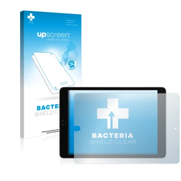 Parte frontal de un envase de producto con el logotipo de la marca upscreen. Al lado se muestra el dispositivo Apple iPad 10.2