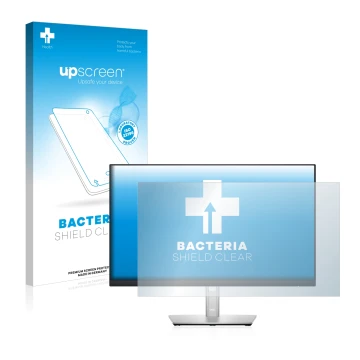 Parte frontal de un envase de producto con el logotipo de la marca upscreen. Al lado se muestra el dispositivo Dell P2422HE co