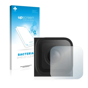 Parte frontal de un envase de producto con el logotipo de la marca upscreen. Al lado se muestra el dispositivo GoPro Hero 10 B