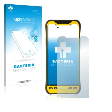 Parte frontal de un envase de producto con el logotipo de la marca upscreen. Al lado se muestra el dispositivo Trimble TDC600 