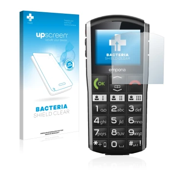 Parte frontal de un envase de producto con el logotipo de la marca upscreen. Al lado se muestra el dispositivo Emporia Simplic