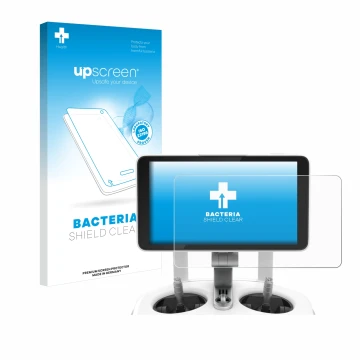 Parte frontal de un envase de producto con el logotipo de la marca upscreen. Al lado se muestra el dispositivo DJI Phantom 4 P