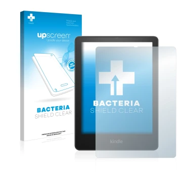 Parte frontal de un envase de producto con el logotipo de la marca upscreen. Al lado se muestra el dispositivo Amazon Kindle P