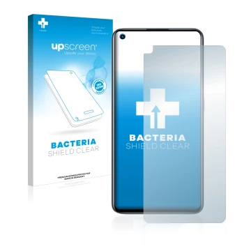Parte frontal de un envase de producto con el logotipo de la marca upscreen. Al lado se muestra el dispositivo realme GT Neo 2
