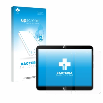 Parte frontal de un envase de producto con el logotipo de la marca upscreen. Al lado se muestra el dispositivo Microsoft Surfa