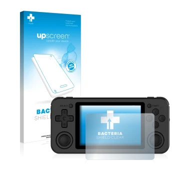 Parte frontal de un envase de producto con el logotipo de la marca upscreen. Al lado se muestra el dispositivo Anbernic RG351P