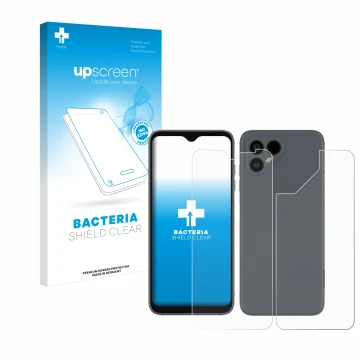 Parte frontal de un envase de producto con el logotipo de la marca upscreen. Al lado se muestra el dispositivo Fairphone 4 (Fr