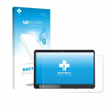 Parte frontal de un envase de producto con el logotipo de la marca upscreen. Al lado se muestra el dispositivo Fujitsu Stylist