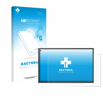 Parte frontal de un envase de producto con el logotipo de la marca upscreen. Al lado se muestra el dispositivo Amazon Echo Sho