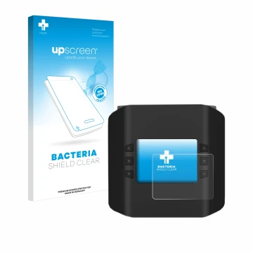 Parte frontal de un envase de producto con el logotipo de la marca upscreen. Al lado se muestra el dispositivo ISDT Smart Duo 