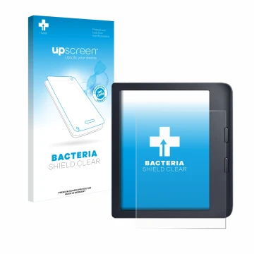 Parte frontal de un envase de producto con el logotipo de la marca upscreen. Al lado se muestra el dispositivo Kobo Libra 2 co