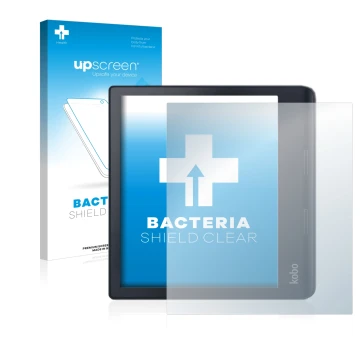 Parte frontal de un envase de producto con el logotipo de la marca upscreen. Al lado se muestra el dispositivo Kobo Sage con s