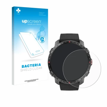 Parte frontal de un envase de producto con el logotipo de la marca upscreen. Al lado se muestra el dispositivo Polar Grit X Pr