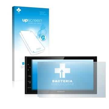 Parte frontal de un envase de producto con el logotipo de la marca upscreen. Al lado se muestra el dispositivo Kenwood DMX5020