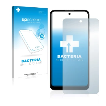 Parte frontal de un envase de producto con el logotipo de la marca upscreen. Al lado se muestra el dispositivo Motorola Moto E