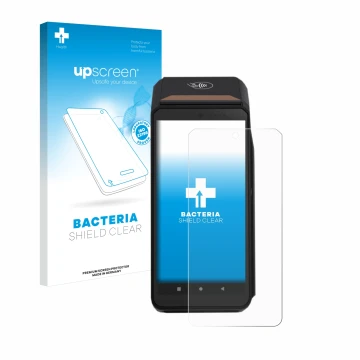 Parte frontal de un envase de producto con el logotipo de la marca upscreen. Al lado se muestra el dispositivo ingenico Axium 