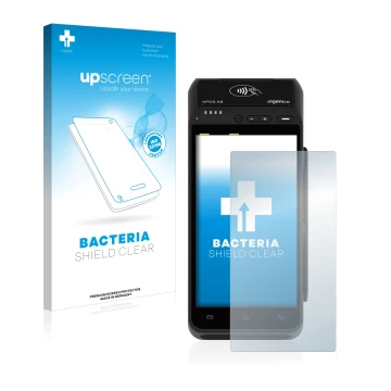 Parte frontal de un envase de producto con el logotipo de la marca upscreen. Al lado se muestra el dispositivo ingenico Apos A