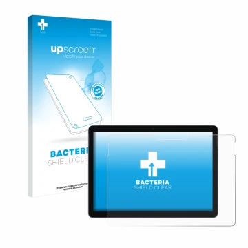 Parte frontal de un envase de producto con el logotipo de la marca upscreen. Al lado se muestra el dispositivo Microsoft Surfa