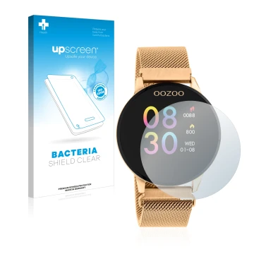 Parte frontal de un envase de producto con el logotipo de la marca upscreen. Al lado se muestra el dispositivo Oozoo Q00117 co