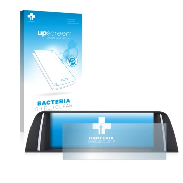 Parte frontal de un envase de producto con el logotipo de la marca upscreen. Al lado se muestra el dispositivo BMW 5 F11 2012 