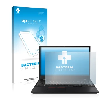 Parte frontal de un envase de producto con el logotipo de la marca upscreen. Al lado se muestra el dispositivo Lenovo ThinkPad