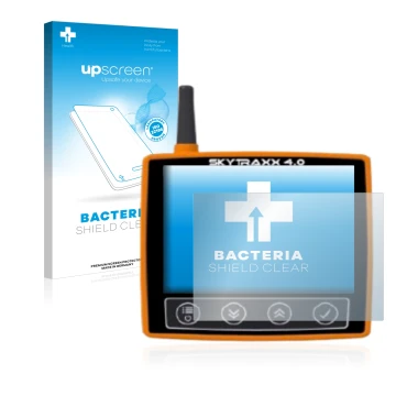 Parte frontal de un envase de producto con el logotipo de la marca upscreen. Al lado se muestra el dispositivo Skytraxx 4.0 co