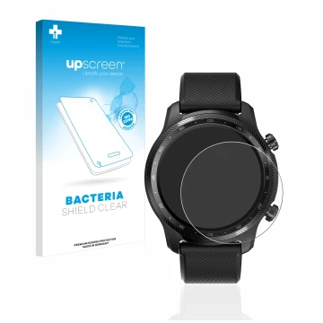 Parte frontal de un envase de producto con el logotipo de la marca upscreen. Al lado se muestra el dispositivo Mobvoi Ticwatch