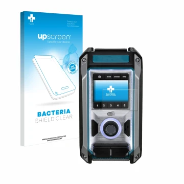 Parte frontal de un envase de producto con el logotipo de la marca upscreen. Al lado se muestra el dispositivo Makita DMR115 c